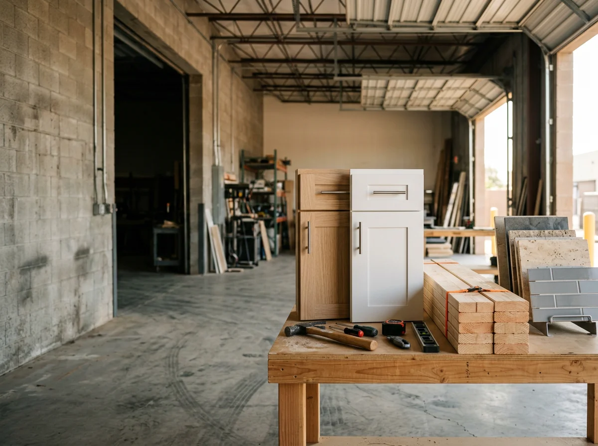 Construction site with tools, materials, and finished cabinetry displays showcasing modern kitchen and bathroom remodeling work.