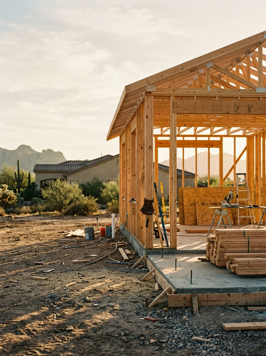 A newly framed casita addition on a wide Buckeye residential lot, showing rough construction in progress with the main house visible in the background against a desert mountain landscape.