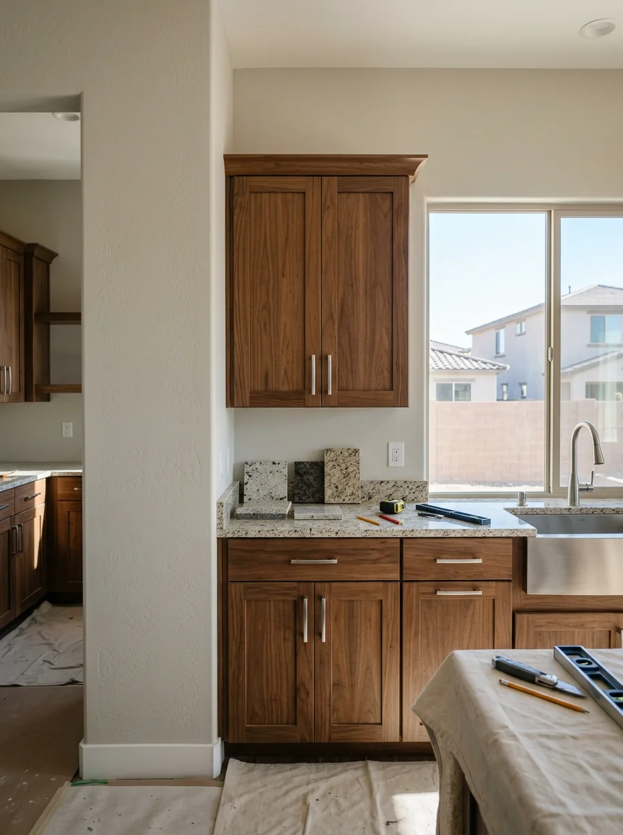 Kitchen remodeling project in progress showing custom cabinet installation and countertop replacement in Chandler