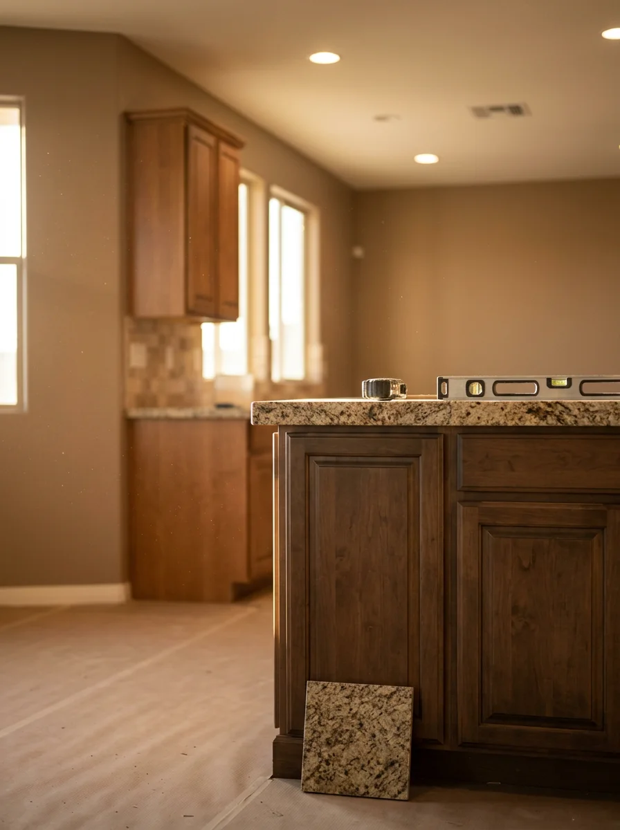 Kitchen island with granite countertop and custom cabinet installation in a Gilbert residence