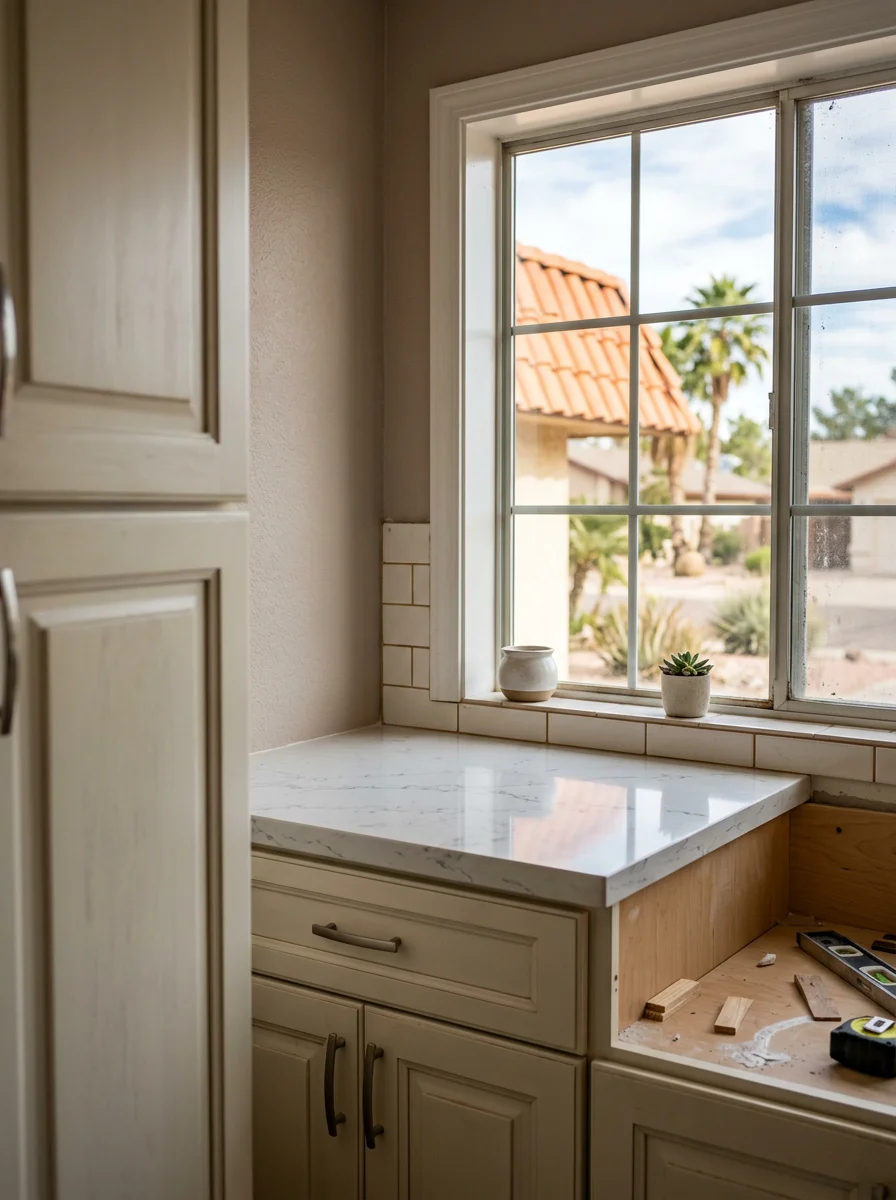Quartz countertop being set on new base cabinets in a Glendale home, with the Arrowhead area's Spanish-tile roof visible through the kitchen window.