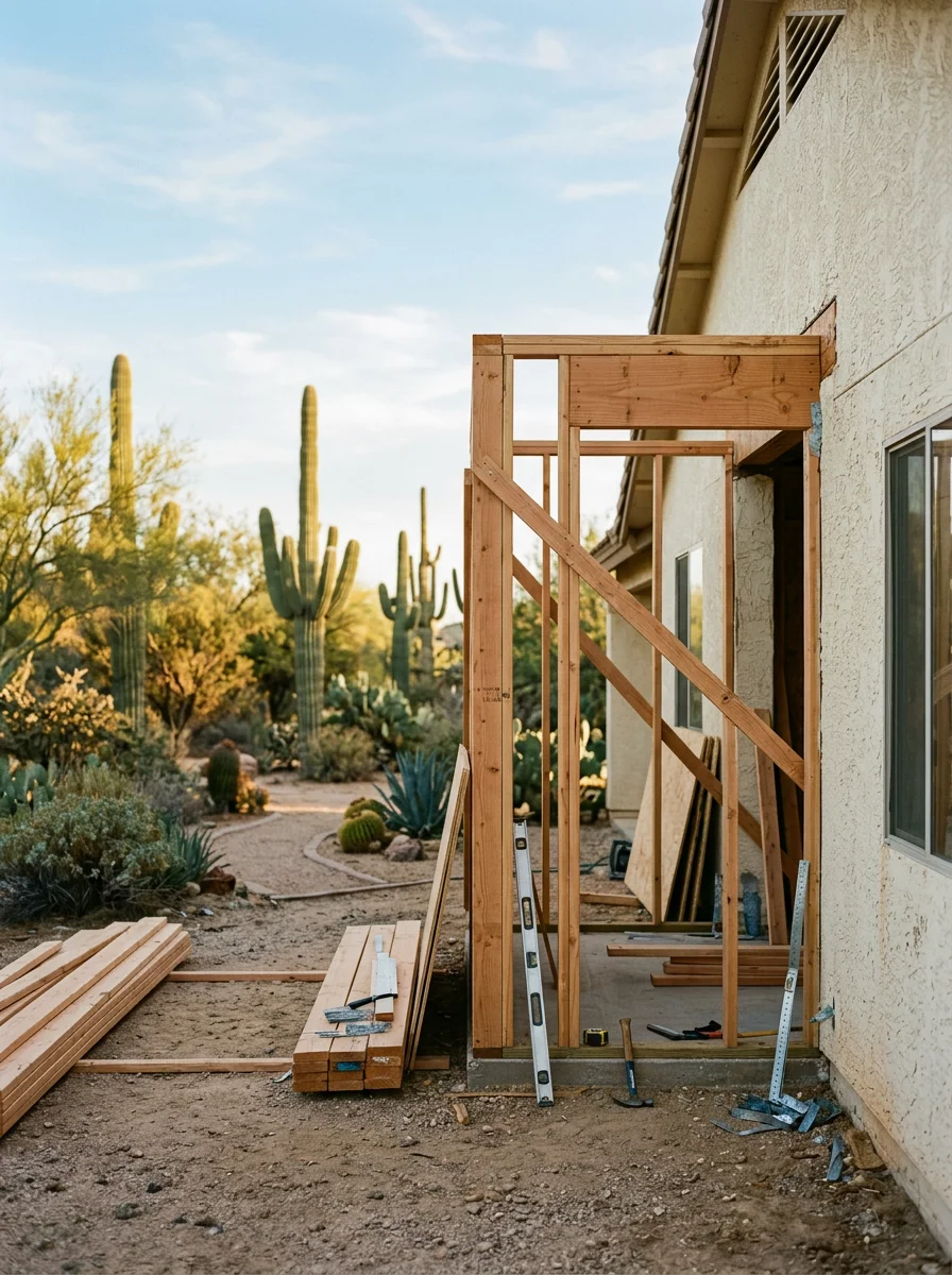 A home addition under construction in Litchfield Park, showing new framing being tied into the existing stucco structure on a large desert lot with mature landscaping.