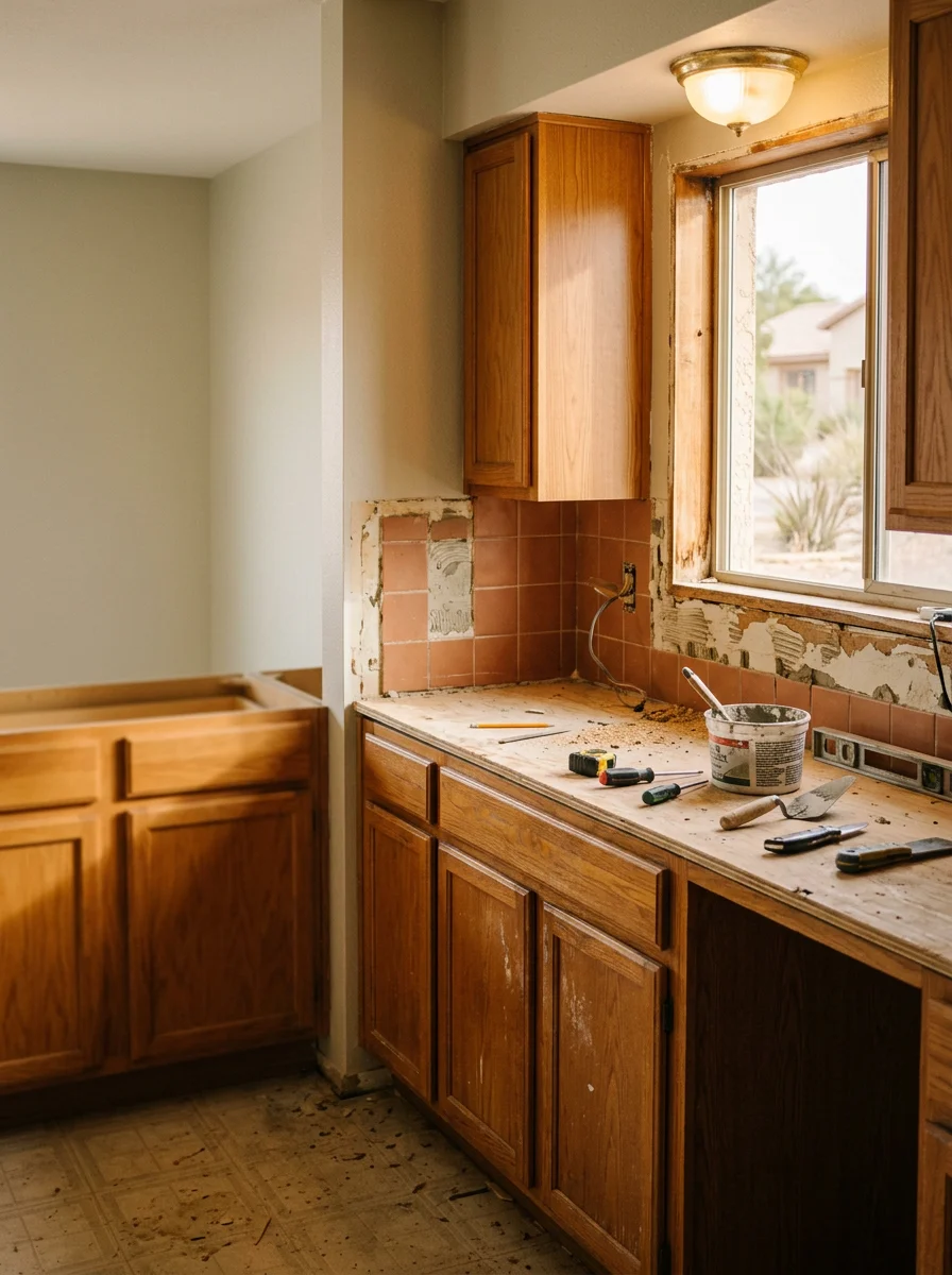 Kitchen remodel in progress in west Mesa, displaying cabinet installation and countertop preparation in a mid-1980s home