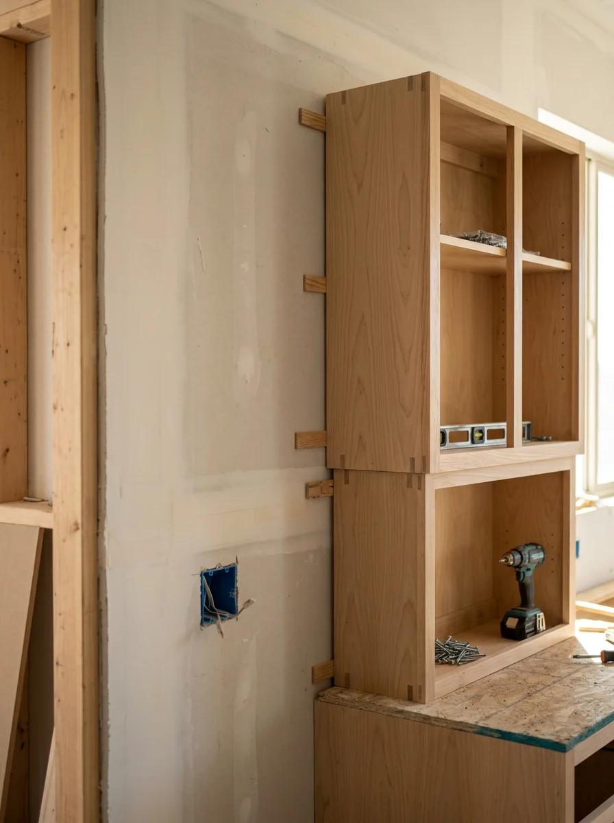 Custom cabinetry installation in progress inside a Peoria home, showing face-frame cabinet boxes being set against a freshly drywalled kitchen wall.