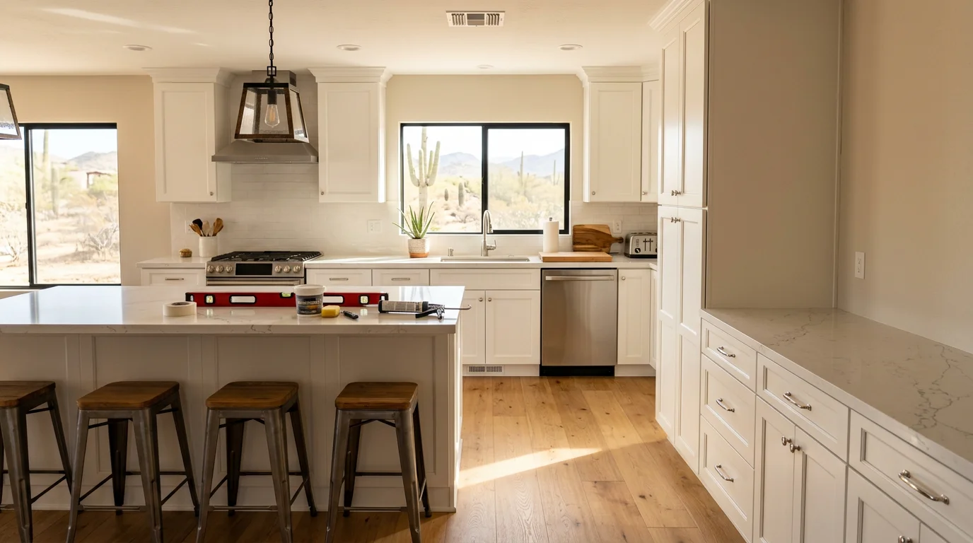 A freshly remodeled Peoria kitchen with white shaker cabinets, quartz countertops, and new flooring in a single-story home typical of the Arrowhead corridor.