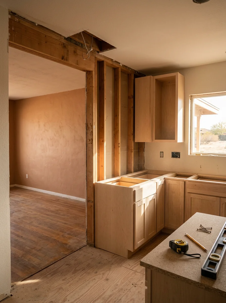 Custom cabinet boxes being installed in a Phoenix home during a kitchen renovation, with the original closed-wall layout partially opened to create an open-concept floor plan.