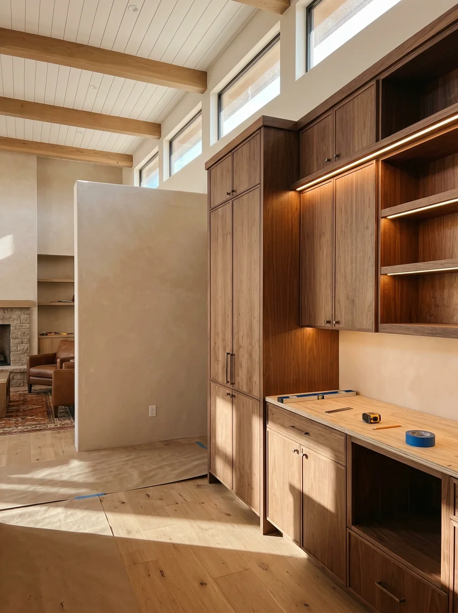 Custom cabinet installation in a North Scottsdale home, showing floor-to-ceiling cabinetry with integrated lighting being set in a kitchen with high ceilings and clerestory windows.