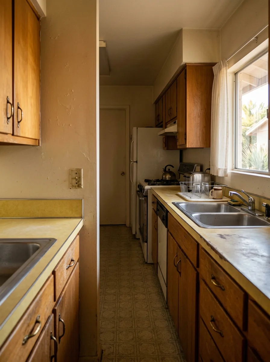Compact galley-style kitchen in original Sun City home before remodeling, showing laminate counters and original cabinetry