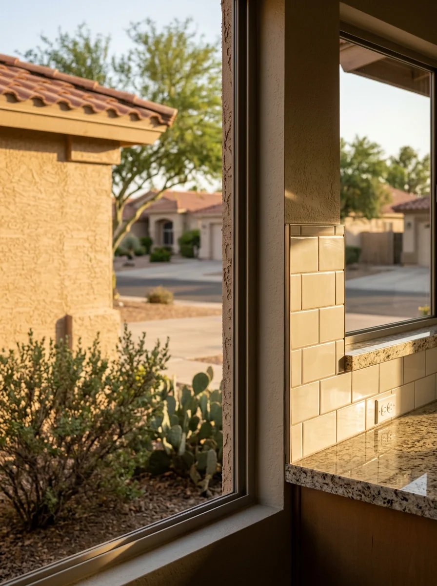 Kitchen backsplash installation in Sun City West featuring heat-resistant tile and granite countertops