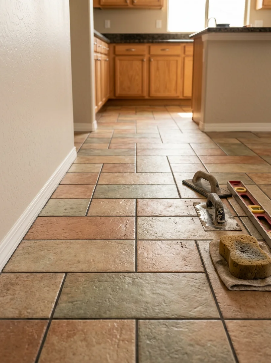 Kitchen flooring installation showing heat-resistant tile in a Surprise home renovation project
