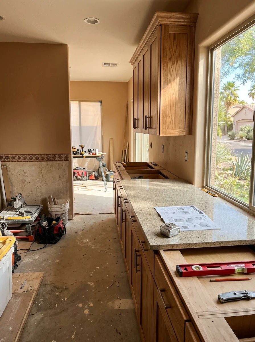 Kitchen remodeling in progress showing cabinet installation and countertop work in a Tempe residence