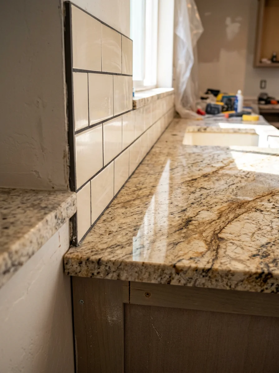 Close-up of heat-resistant granite countertop with backsplash tile installation in a Tolleson kitchen remodel