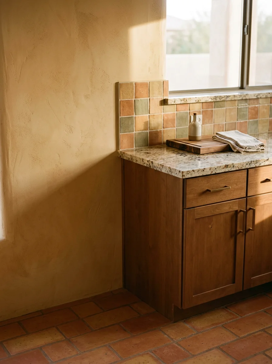 Desert-style kitchen renovation with granite countertops and tile flooring in Waddell