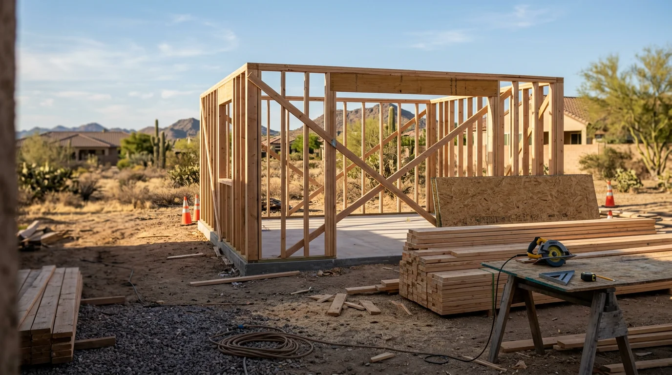A newly completed detached accessory building with a clean exterior finish on a residential lot in Peoria, Arizona. The structure sits behind the main home with clear setbacks and a desert-landscaped yard visible in the foreground.