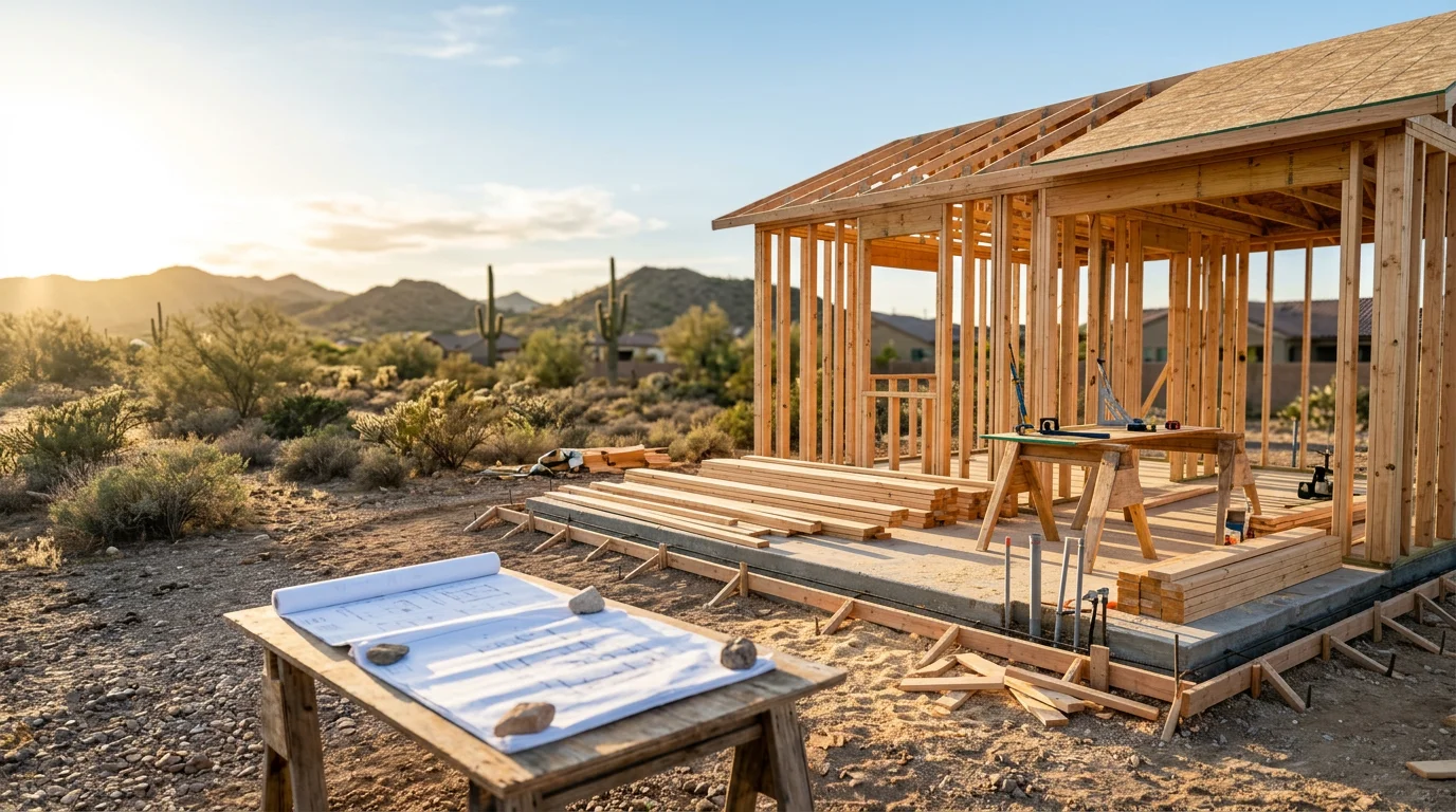 A newly constructed detached ADU in a Peoria, Arizona backyard, showing a finished single-story structure with a private entrance and desert-appropriate exterior. The unit sits behind a single-family home on a standard residential lot in the greater Phoenix metro area.