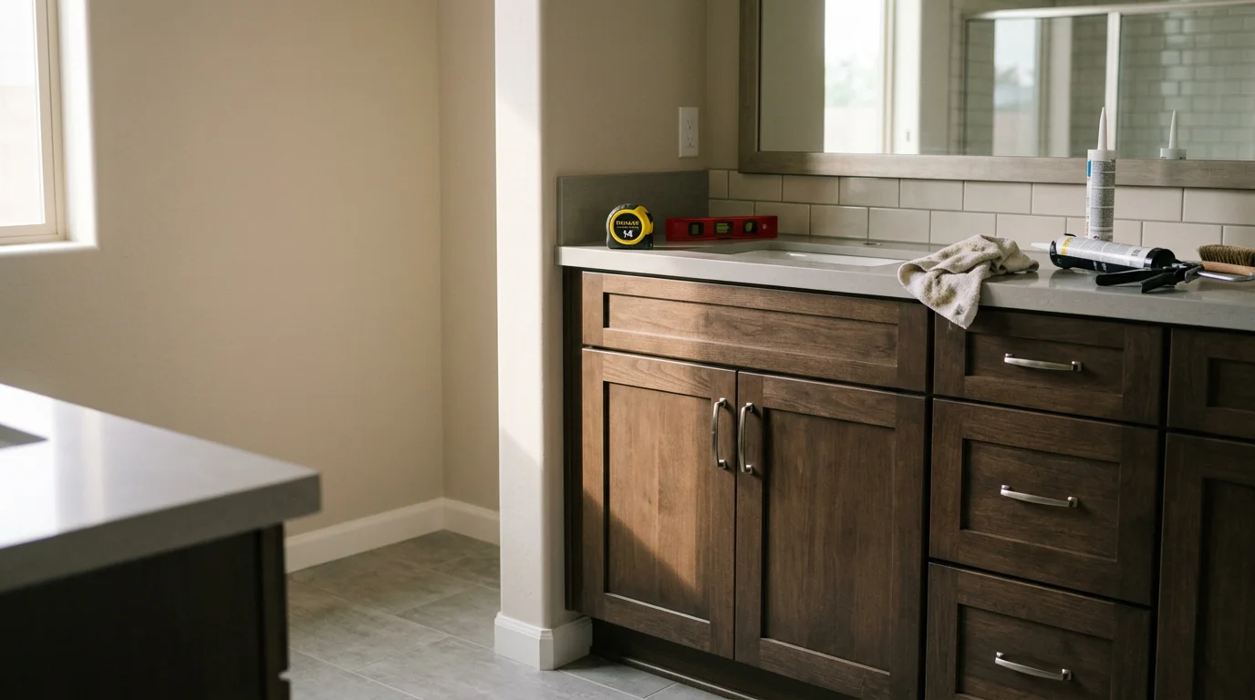 Newly installed bathroom vanity cabinets in a Peoria, Arizona home, showing clean cabinet fronts, organized storage space, and a fitted countertop in a bright bathroom interior.