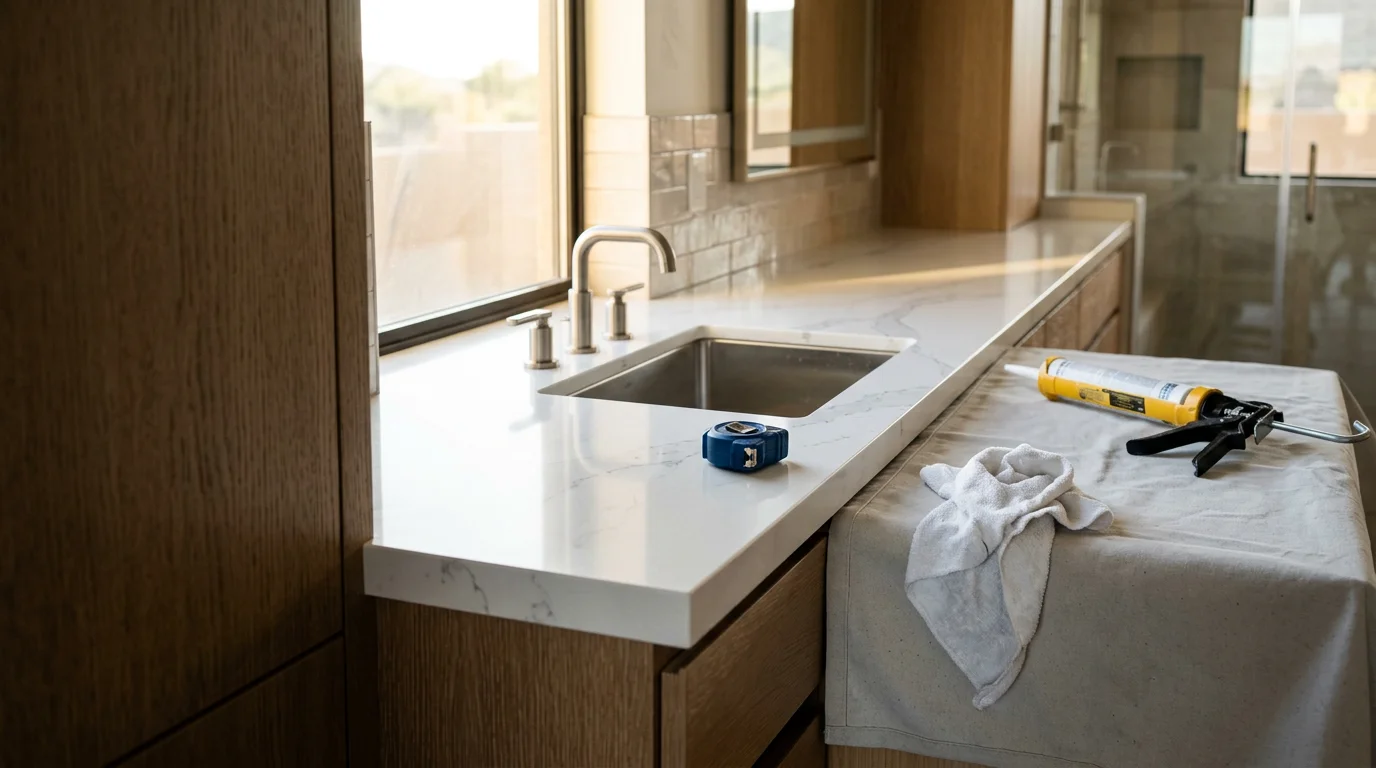 A freshly installed stone bathroom vanity countertop with a undermount sink in a Peoria, Arizona home. The surface sits flush against the cabinet with clean, finished edges and no visible gaps.