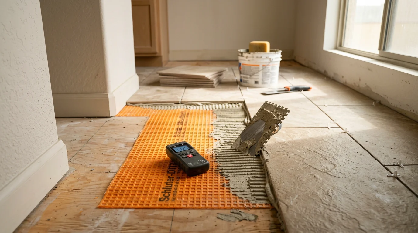 Newly installed water-resistant tile flooring in a Peoria, Arizona bathroom, showing clean grout lines and a finished baseboard edge. The room reflects a completed bathroom flooring installation by Modern Design Construction.