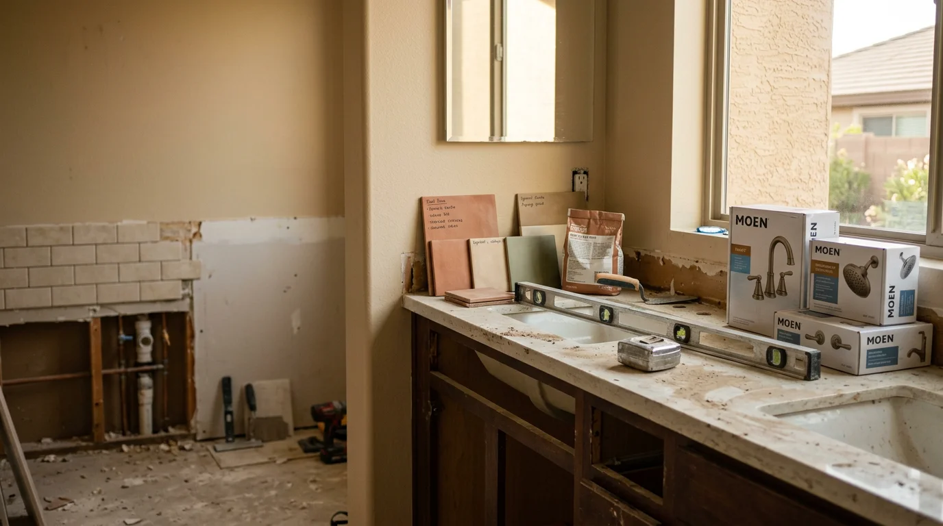 A remodeled bathroom in a Peoria, Arizona home featuring updated tile work, a new vanity, and a walk-in shower. The finished space reflects a clean, functional design suited to the desert Southwest climate.