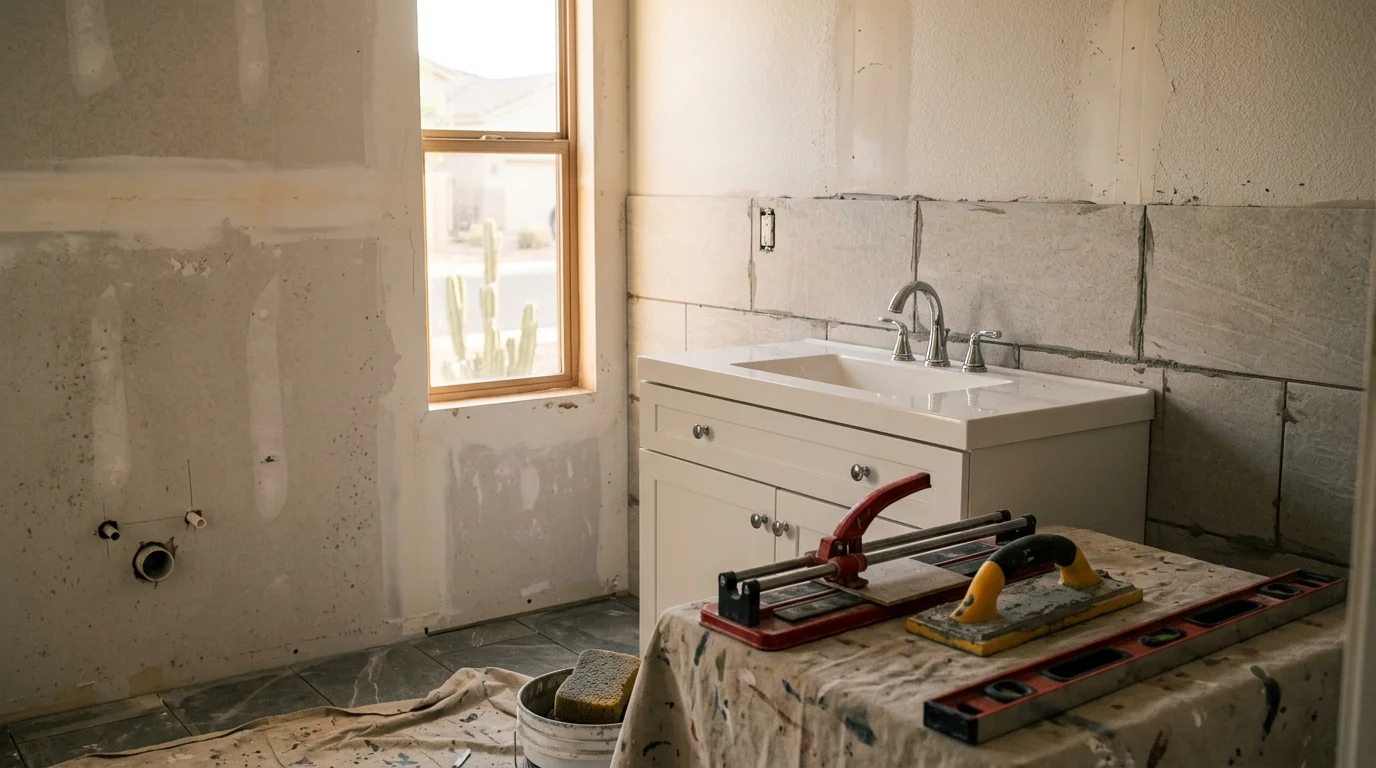 A remodeled bathroom in a Peoria, Arizona home featuring a walk-in shower, updated vanity, and modern tile flooring. The finished space reflects a clean, functional layout suited to desert living in the Phoenix metro area.