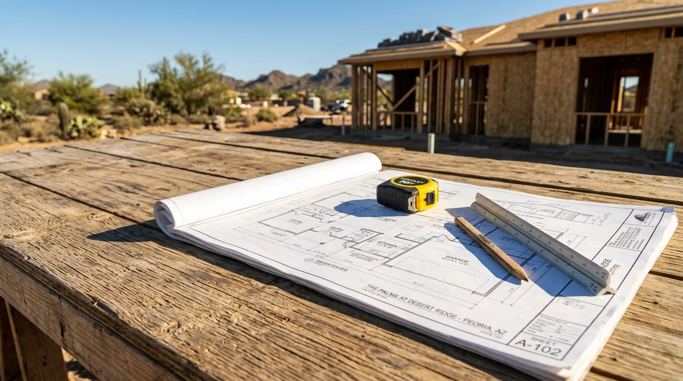A detailed residential building design floor plan laid out on a work surface, representing a new construction project in Peoria, Arizona. The drawing shows room layout, exterior walls, and site orientation suited to a desert climate lot.