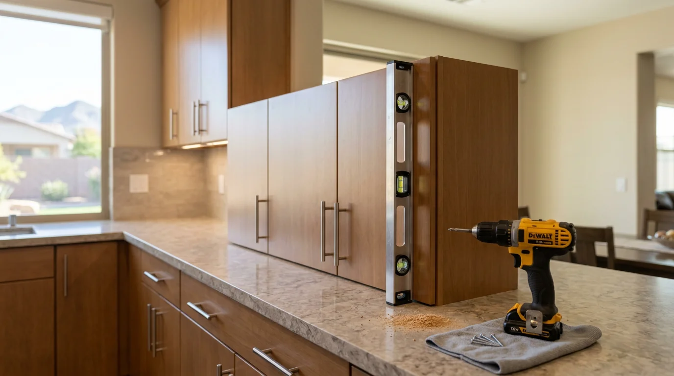 Newly installed kitchen cabinets in a Peoria, Arizona home, showing level upper and base cabinet runs with fitted hardware in an open-plan kitchen layout. General contractor cabinet installation work by Modern Design Construction serving the Phoenix metro area.