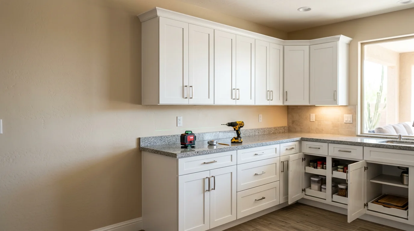 Newly installed kitchen cabinets in a Peoria, Arizona home, showing level upper and base cabinet runs with fitted doors and hardware. General contractor installation by Modern Design Construction serving the greater Phoenix area.