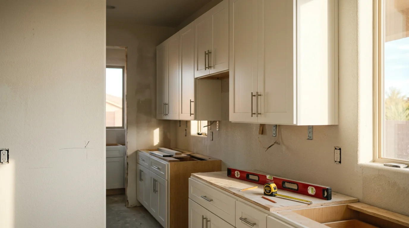 Newly installed kitchen cabinets in a Peoria, Arizona home, showing floor-to-ceiling cabinetry with clean lines and organized storage in an open-concept layout. The finished installation reflects a complete cabinet replacement project by Modern Design Construction serving the greater Phoenix area.