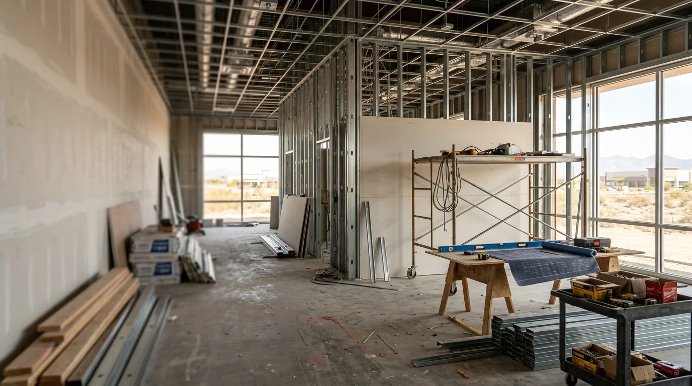 A commercial interior build-out in progress in Peoria, Arizona, showing framed walls, open ceiling structure, and a general contractor overseeing the work site. The space is being prepared for a retail or office tenant in a West Valley commercial property.