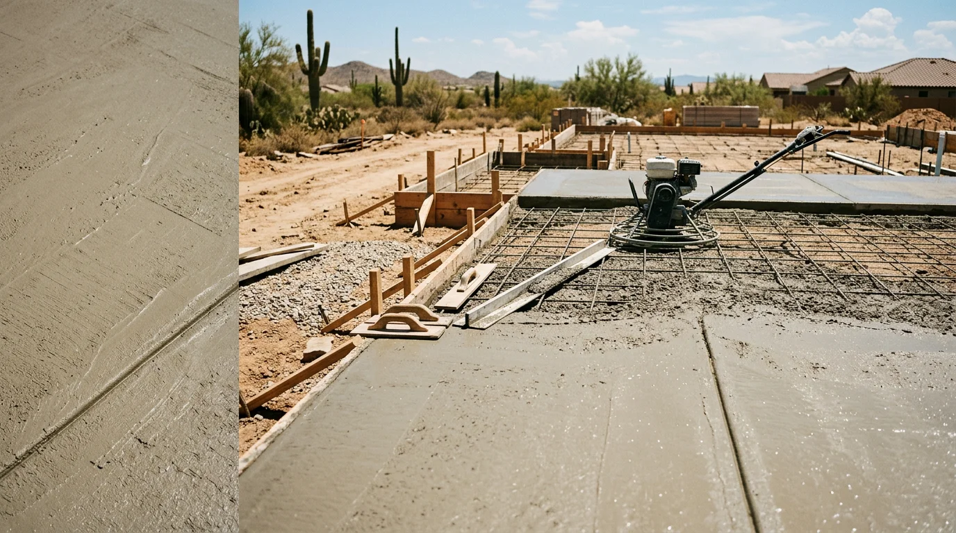 Fresh concrete being poured and screeded for a residential foundation on a custom home build site in Peoria, Arizona. A smooth gray slab takes shape against a clear desert sky with framed walls staged nearby.