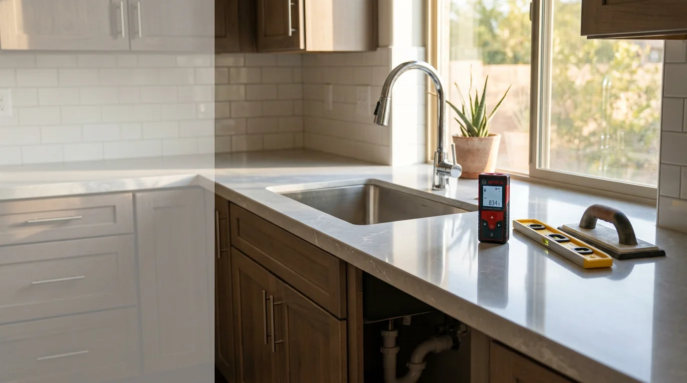 Freshly installed stone countertop on white kitchen cabinets in a Peoria, Arizona home. The surface shows clean edge profiles and a fitted undermount sink cutout.