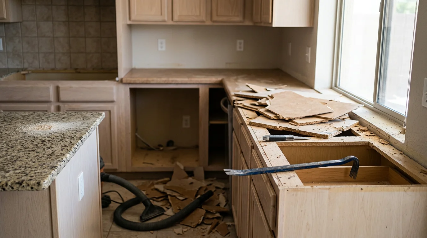 Newly replaced kitchen countertop in a Peoria, Arizona home, showing a clean stone surface fitted against white cabinetry with a stainless steel sink set in place.