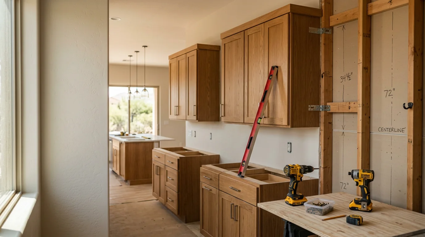 Newly installed custom kitchen cabinets in a Peoria, Arizona home, showing floor-to-ceiling cabinetry with aligned doors and open-concept sightlines. The installation reflects a clean, modern layout suited to the desert Southwest home style.