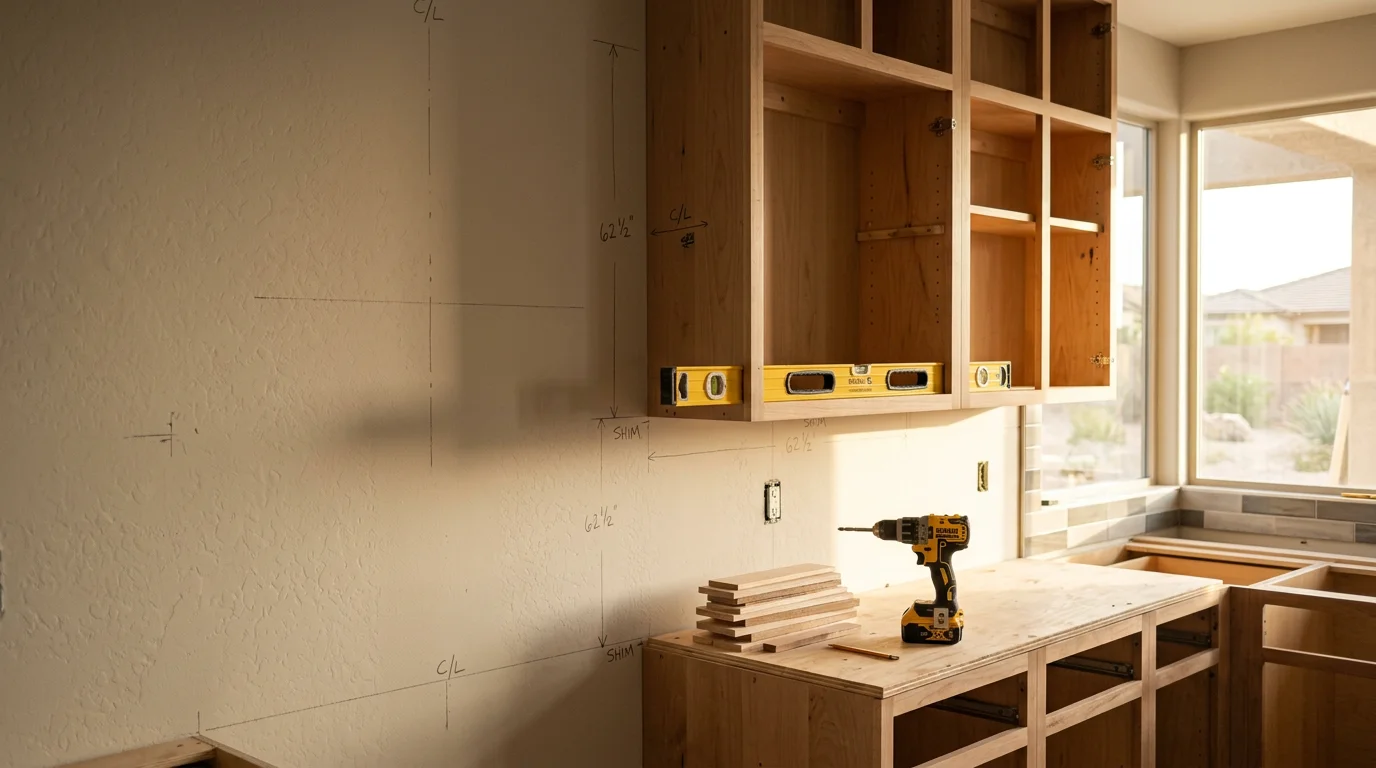 Custom wood cabinetry installed in a Peoria, Arizona kitchen, showing floor-to-ceiling cabinet runs with clean lines and fitted storage. Modern Design Construction general contractor project serving the greater Phoenix area.
