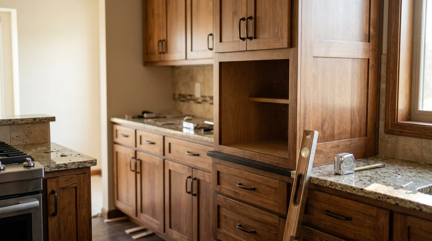 Finished custom kitchen cabinets installed in a Peoria, Arizona home, showing floor-to-ceiling storage with clean lines and a consistent finish. The layout fits the full wall span of an open-concept kitchen in a Phoenix metro residence.
