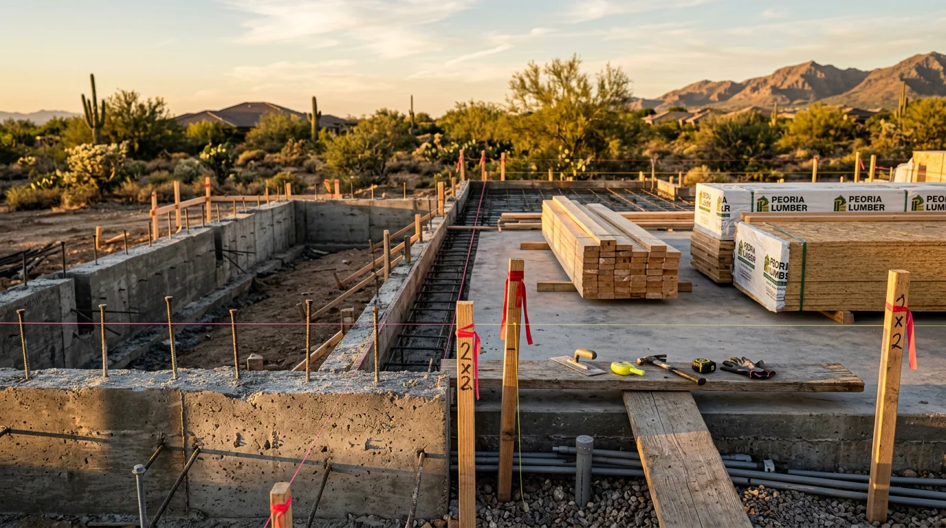 A newly completed custom home in Peoria, Arizona, with a desert-modern exterior, covered outdoor living area, and clean lines suited to the Sonoran landscape. The home sits on a finished lot with a two-car garage and large windows designed for natural light and indoor-outdoor flow.