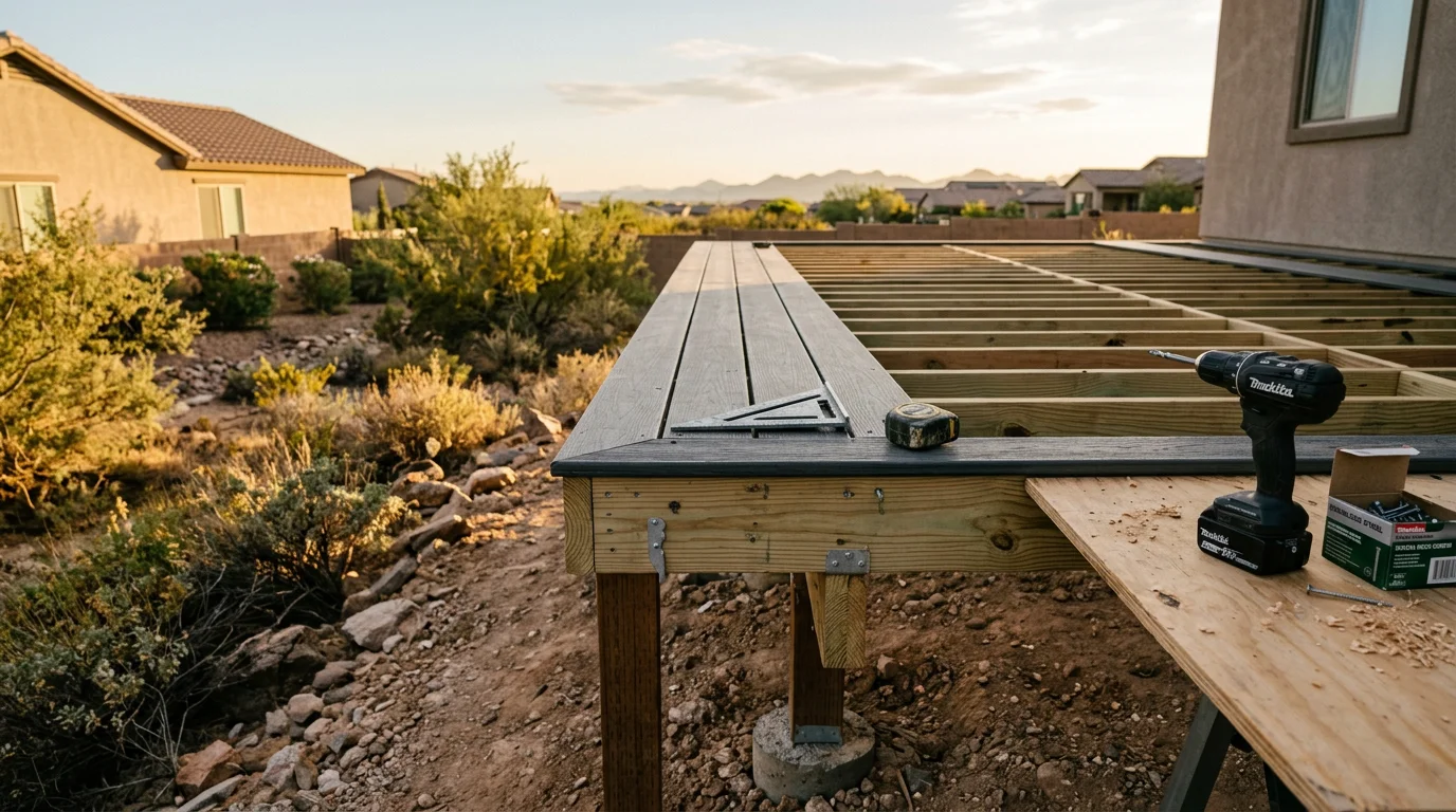 A newly constructed custom wood-frame deck attached to the back of a single-story home in Peoria, Arizona, with open railings and stairs leading to a desert-landscaped backyard. The deck surface is light-colored composite decking under a clear Arizona sky.