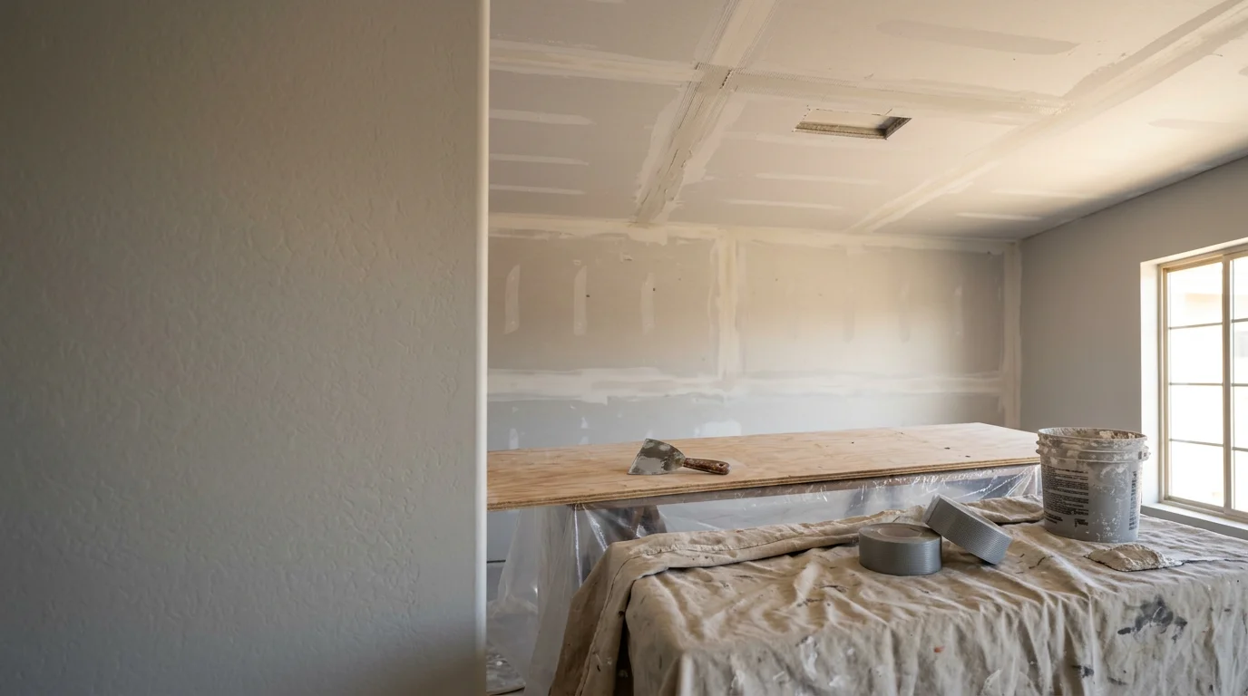 Freshly installed and taped drywall covering the walls and ceiling of a residential room in Peoria, Arizona, with smooth joint compound applied and ready for paint. The space shows clean corner work and even panel seams typical of a kitchen remodel or room addition project.