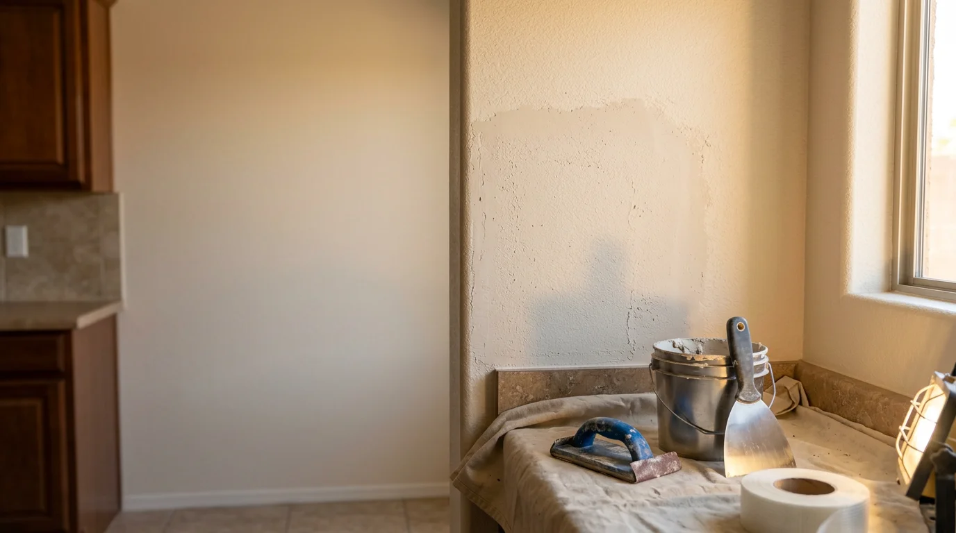 A freshly repaired interior wall in a Peoria, Arizona home showing a smooth, texture-matched surface ready for paint. The patched area blends evenly with the surrounding orange peel drywall finish.