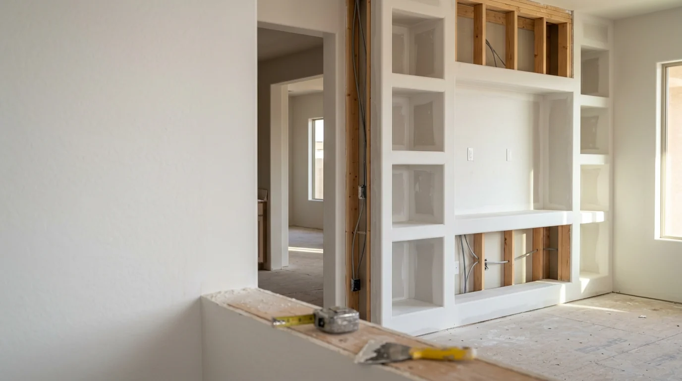 A custom built-in entertainment center with framed TV niche, open shelving, and closed cabinet storage in a Peoria, Arizona living room. The finished drywall and trim work integrates cleanly with the surrounding walls.