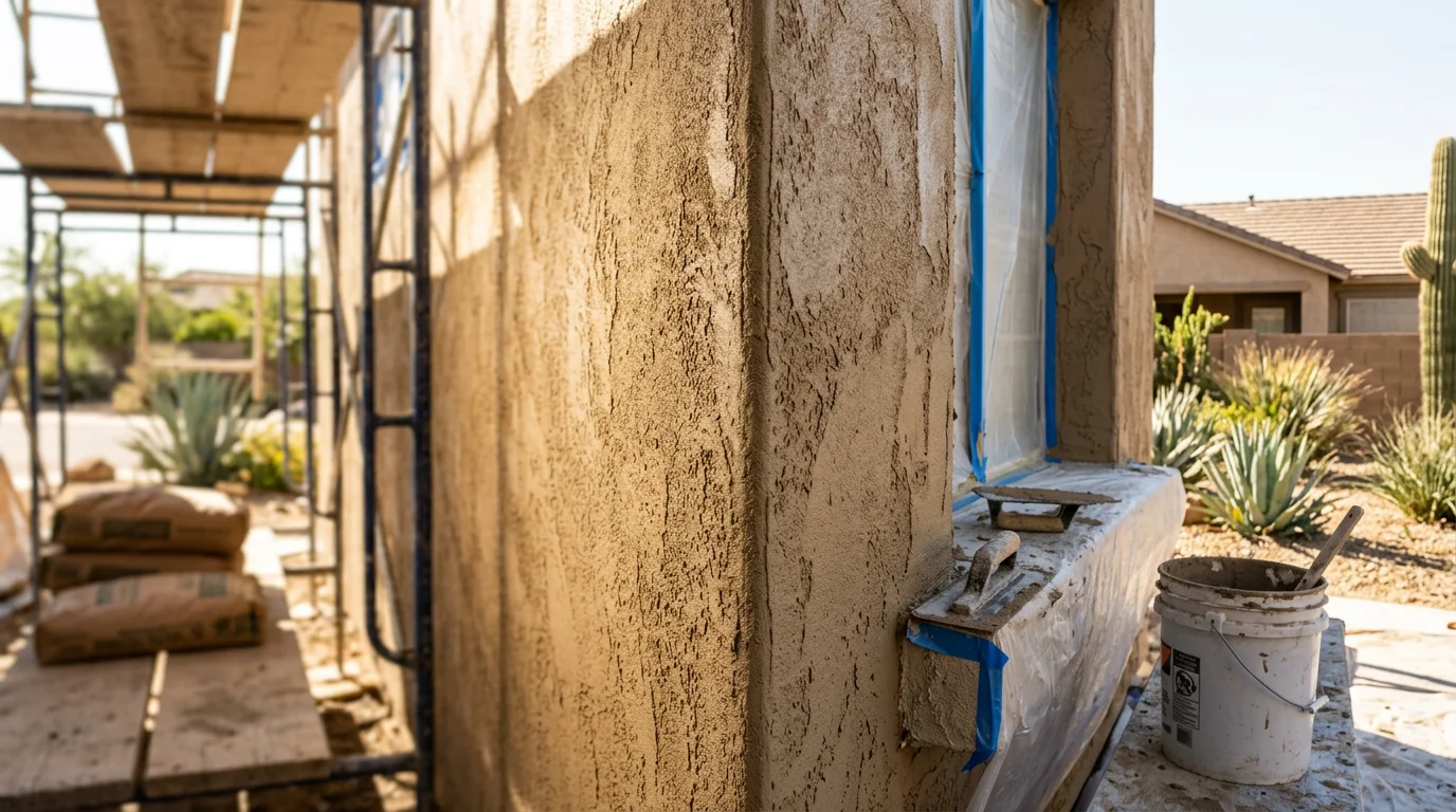 Freshly finished stucco exterior on a custom home in Peoria, Arizona, showing clean texture lines and a neutral desert color palette under bright sunlight. The completed exterior reflects a full build carried out by Modern Design Construction.