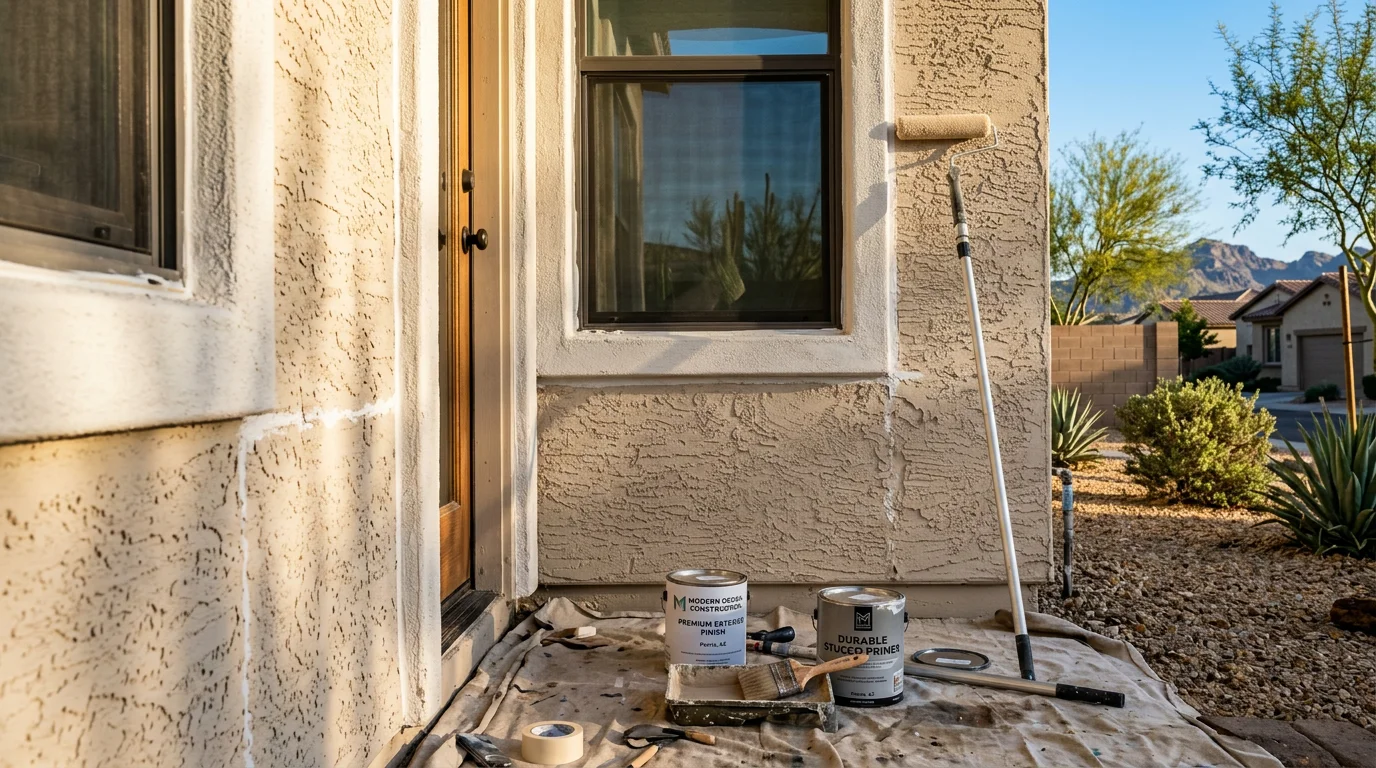 A freshly painted single-story stucco home exterior in Peoria, Arizona, showing clean trim lines and an even desert-toned finish. The home sits under a clear blue sky typical of the Phoenix metro area.