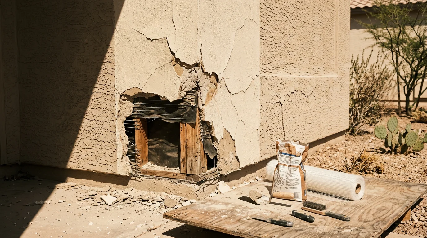Exterior wall of a Peoria, Arizona home showing repaired structural cracking and restored surface integrity. A general contractor inspects the finished repair along the home's exterior framing and wall assembly.