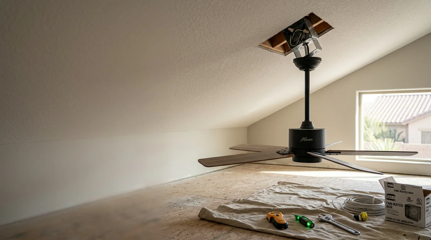 A ceiling fan mounted flush on a vaulted ceiling inside a bright Peoria home living room, with visible wiring connections neatly finished at the canopy. The fan blades are level and the wall switch is cleanly installed below.