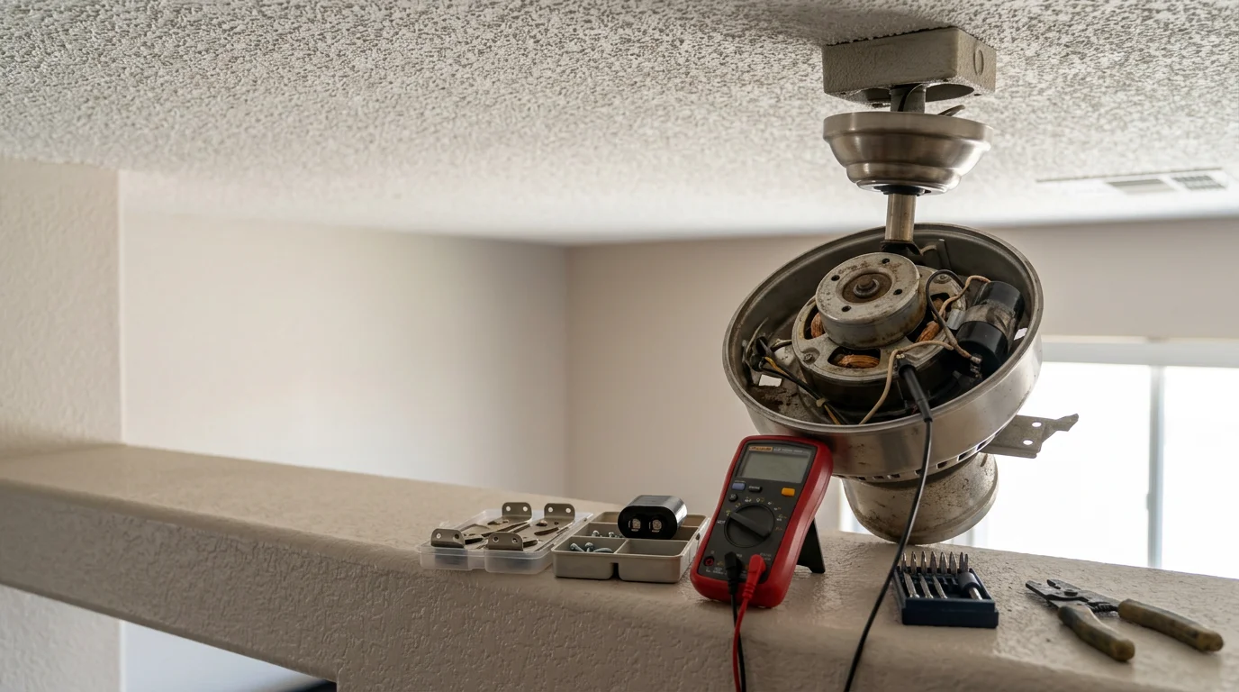 A ceiling fan mounted in a Peoria, Arizona home being inspected for wobble and motor issues. A technician checks the blade brackets and wiring connections at the ceiling box.