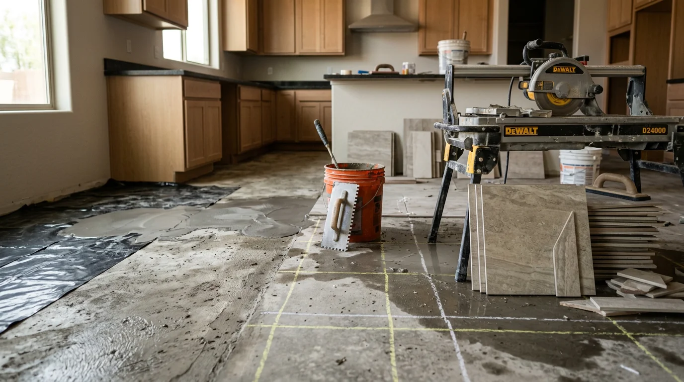 Freshly installed flooring covering the main living area of a Peoria, Arizona home, showing clean transitions between rooms and a flat, even surface. The space reflects a completed residential flooring installation project in the West Valley.