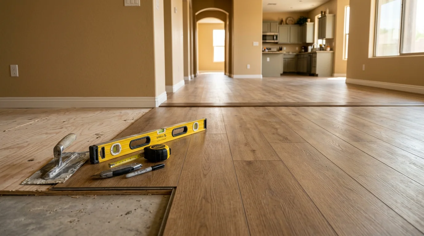 Freshly installed flooring in a custom home in Peoria, Arizona, showing a clean open-plan living area with desert-climate-appropriate materials. Modern Design Construction completed the installation as part of a full custom home build in the Phoenix metro area.