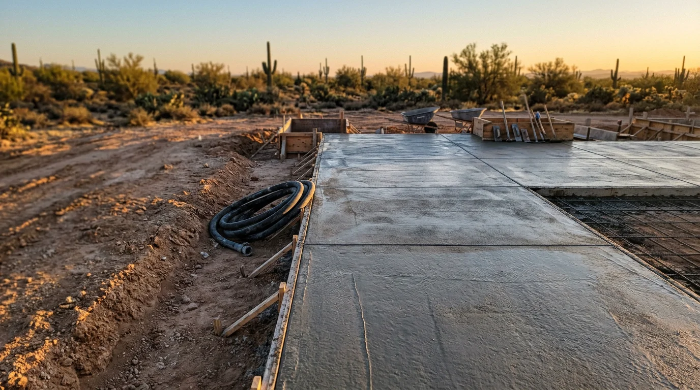 Fresh concrete foundation pour for a custom home under construction in Peoria, Arizona, with reinforcement steel visible and desert terrain in the background. The slab sits on a prepared sub-base on a clear, sunny day typical of the Phoenix area.