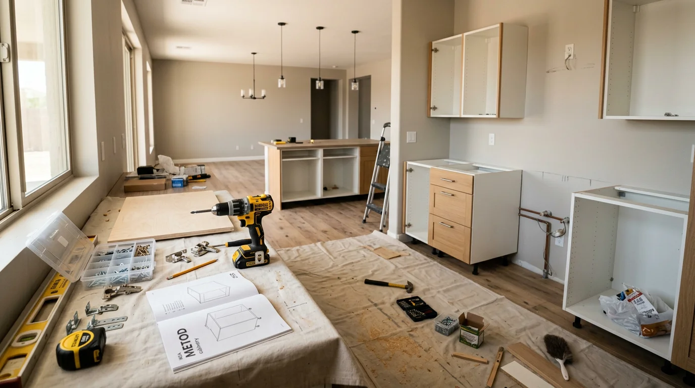 A fully assembled dining table and chairs set up in a bright Peoria, Arizona home with desert-view windows. Modern Design Construction furniture assembly service completed in a new single-family home in the Phoenix West Valley.