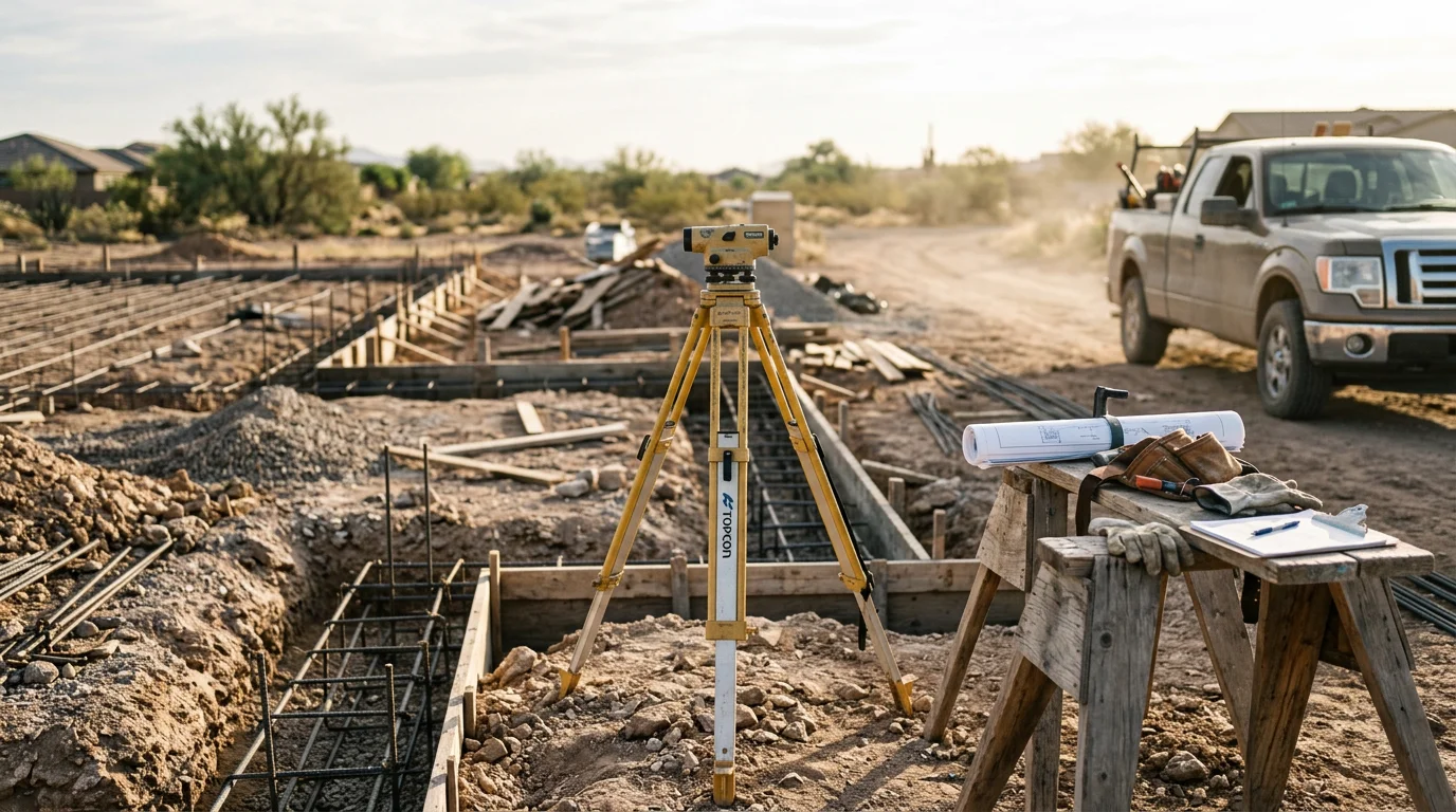 A general building construction project in Peoria, Arizona, showing framed structural walls and a concrete foundation on a clear desert day. The site reflects active ground-up construction in the West Valley with open sky and dry terrain visible in the background.